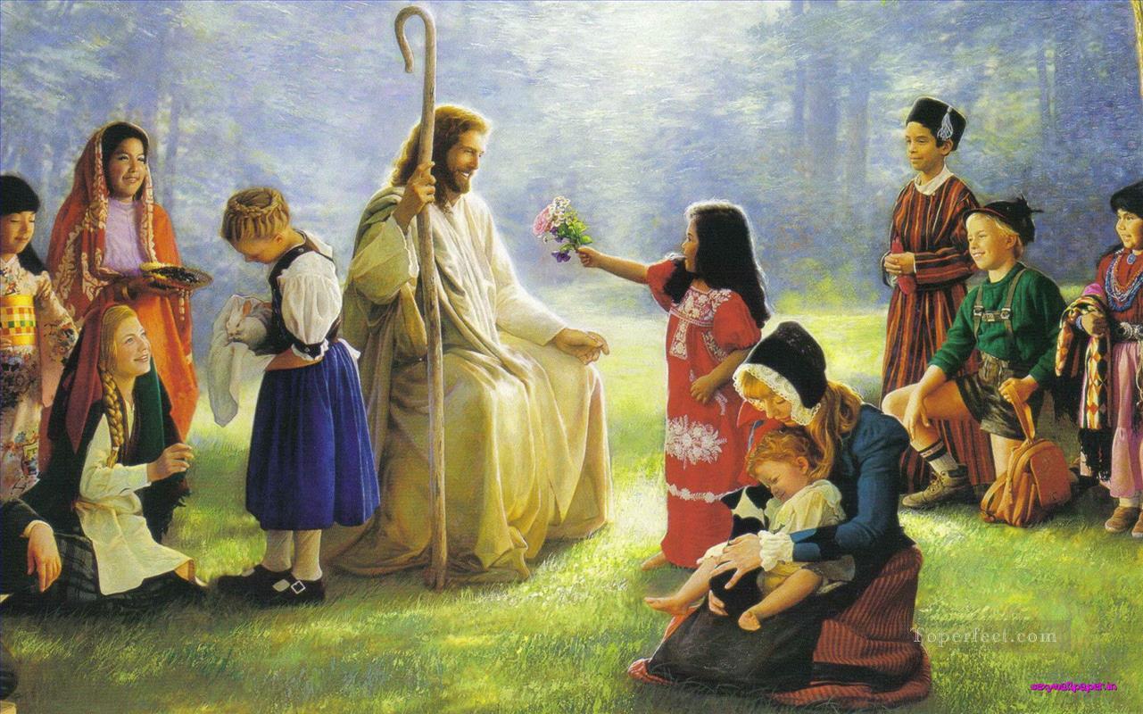 Christus und Kinder auf Wiese Ölgemälde